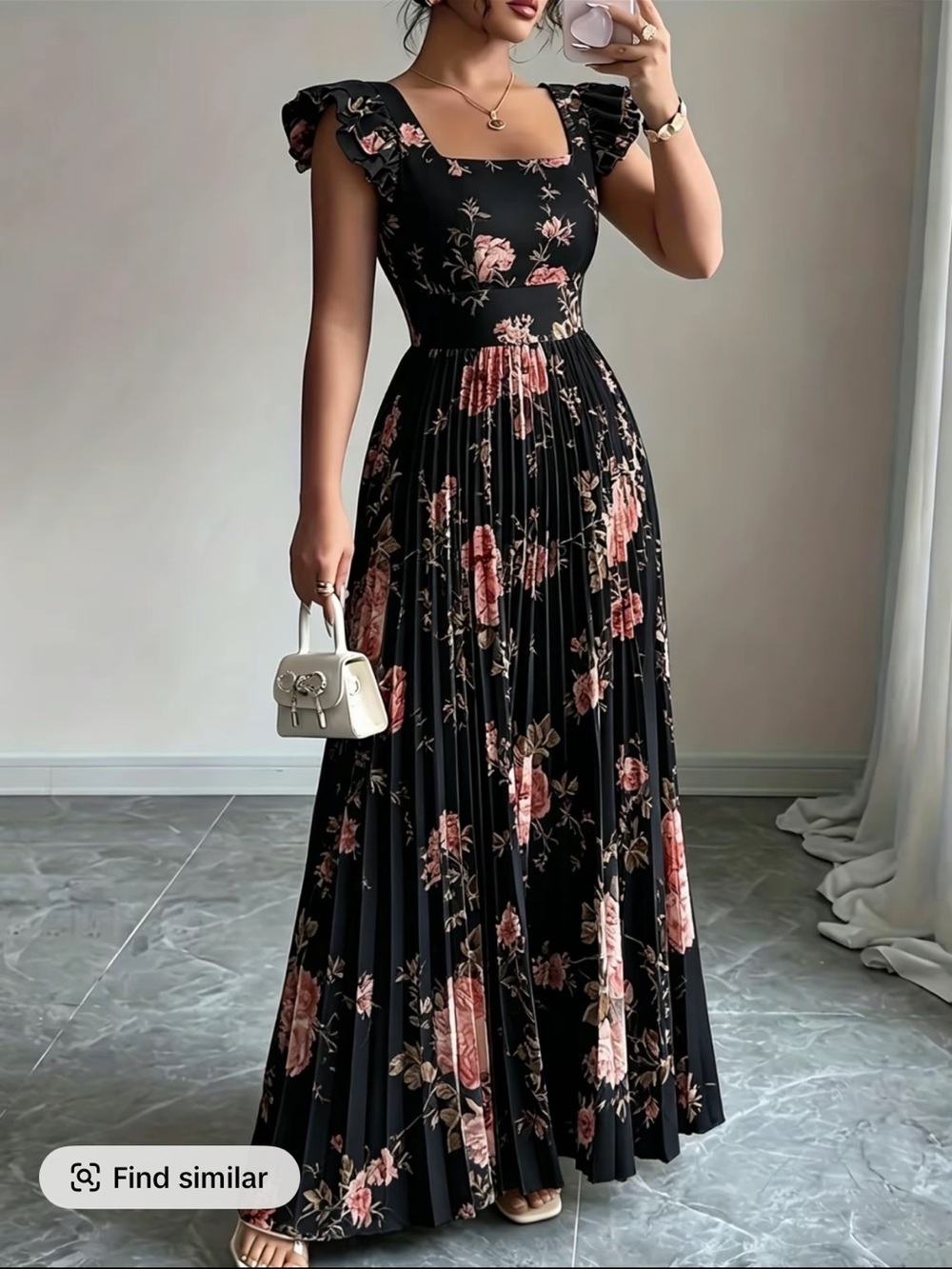 Floral Ruffle-Sleeve Black Maxi Dress with Pink Rose Print